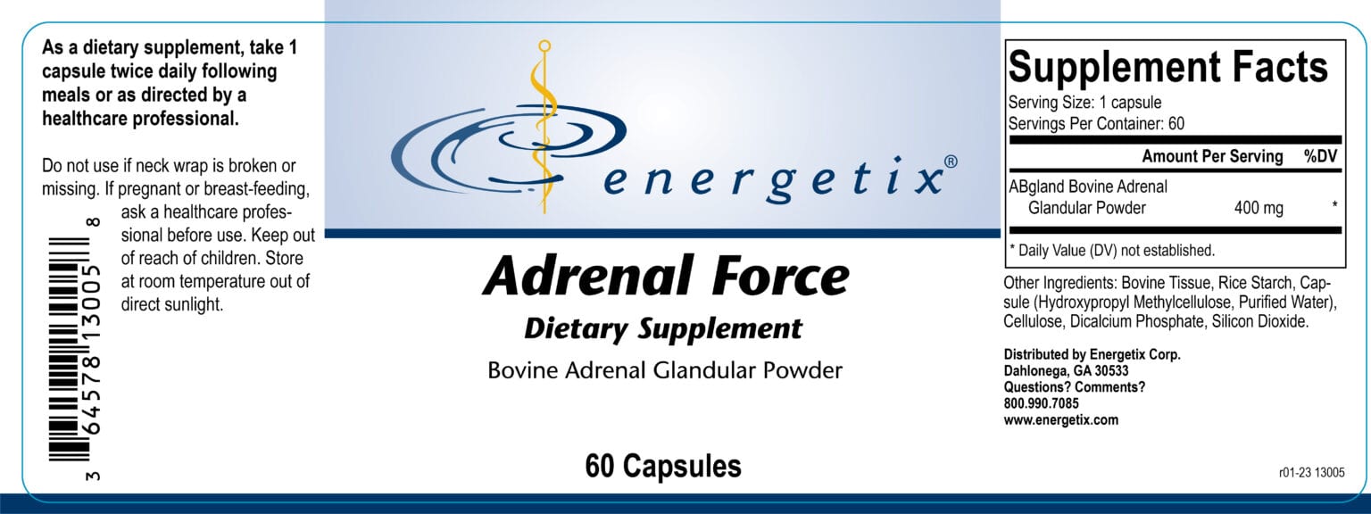 Adrenal Force 60 Capsules Bovine Adrenal Glandular Powder Energetix